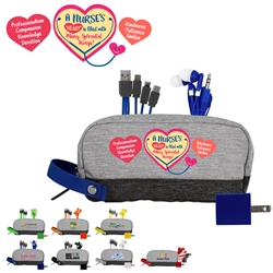 "A Nurses Heart is filled with Many Spledid Things" Two Tone Wall Charging Travel Set   Imprinted Nurses Week theme technology gift set, RN theme, custom tec travel set, Imprinted, Charger, Cords, imprinted ear bud and charger set, Personalized, customized