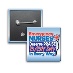 "Emergency Nurses Deserve Praise Every Day, In Every Way" Square Buttons (Sold in Packs of 25)      Celebrate National Healthcare Food Service Week Week with our square buttons decorated with our theme stock design "Food & Nutritional Services: Superheroes Serving You Goodness". Safety pin backed. Sold in packs of 25. $19.95.