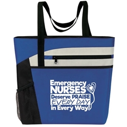 "Emergency Nurses Deserve Praise Every Day in Every Way! Bullet Zip Pockets Tote  Emergency Nurses Theme Tote, Emergency Nurses Tote, Tote, All Purpose, Prime, Polyester, Linen, Meeting, Signature, Zip, Promotional Events, Trade Show Bags, Health Fair, Imprinted, Tote, Reusable 