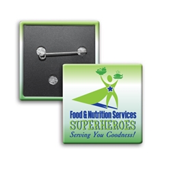 "Food & Nutritional Services: Superheroes Serving You Goodness" Button Square Buttons (Sold in Packs of 25)     Celebrate National Healthcare Food Service Week Week with our square buttons decorated with our theme stock design "Food & Nutritional Services: Superheroes Serving You Goodness". Safety pin backed. Sold in packs of 25. $19.95.