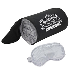 "Housekeeping: Everything We Touch Turns to AWESOME" AeroLOFT™ Travel Blanket with Sleep Mask   Housekeeping theme Promo Blanket, Housekeeping Appreciation, EVS, Environmental Services, Recogition, Promotional Blanket, Teacher appreciation Travel Blanket, School Staff appreciation, Travel Blanket and Sleep Mask Set, Travel Promotional Idea, Travel Promotional Products, Blanket with Imprint, travel promotional items