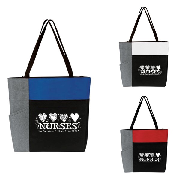 "Nurses: Your Care Warms The Hearts & Lives Of All" Color Block Pocket Zip Tote  - NUR150