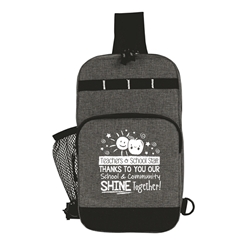 "Teachers & School Staff: Thanks To You Our School & Community Shines Together!" Casual Crossbody Chest Bag  Teachers Theme Chest Bag, Teachers Theme Sling pack, Imprinted, Chest Bag, Sling Pack, Crossbody Bag, Continental Marketing, Care Promotions, Lunch Bag, Insulated, Barrel, Travel, Employee, Nurses, Teachers, Volunteers, Healthcare, Staff Gifts
