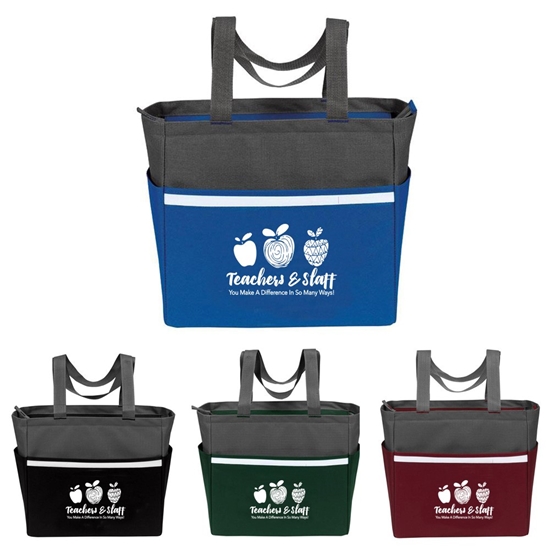 "Teachers & Staff: You Make a Difference In So Many Ways!" Two-Tone Accent Zip Tote  - TSA067