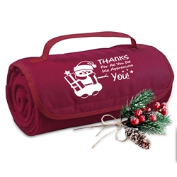 "Thanks For All You Do, We Appreciate You" (Holiday design) Roll-Up Blanket  Holiday theme, Blanket, Roll Up Blanket, Outdoor Blanket, Roll Up, Imprinted, Personalized, Promotional, with name on it, Giveaway, Gift Idea