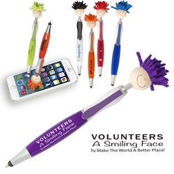 Volunteers: A Smiling Face To Make The World A Better Place! MopTopper™ Stylus Pen  Volunteer, Volunteers, Volunteer Fun Pen, Mop, Topper, Hair, Top, Smile, Pen, Stylus, Screen Cleaner, Pendant Pen, Pendant, Pen, Pens, Ballpoint, Aluminum, Imprinted, Personalized, Promotional, with name on it, giveaway, black ink