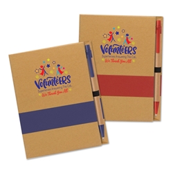 "Volunteers: Superheroes Answering The Call...We Thank You All!" Eco Notepad plus Sticky Notes & Kraft Pen Set (Sold in packs of 10)  Volunteer Theme, Eco Friendly, Notebook and pen, gift set, journal and pen, Pen, set, laser, engraved, Journal and Pen Set, Imprinted, Personalized, Promotional, with name on it
