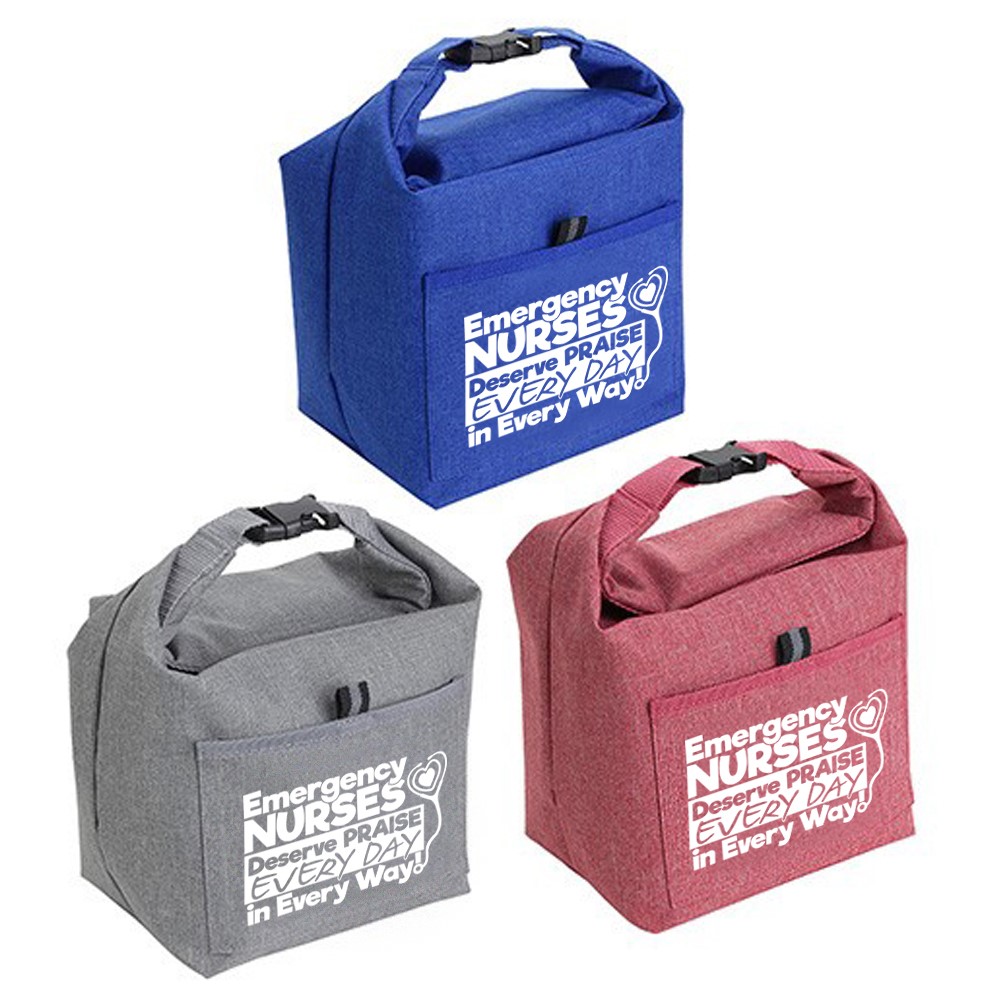 "Emergency Nurses Deserve Praise Every Day, In Every Way" Roll Top Buckle Insulated Lunch Totes  ER, Emergency, Room, Nurses, Theme,  promotional cooler bags, promotional lunch bag, employee appreciation gifts, custom printed lunch cooler, customized lunch bag, business gifts, corporate gifts