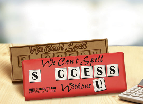 "We Can't Spell Success Without U" Chocolate Bar Employee Appreciation, Employee Recognition, Holiday Gifts, Business Gifts, Corporate Gifts, Holiday Parties, chocolate, Appreciation Gifts