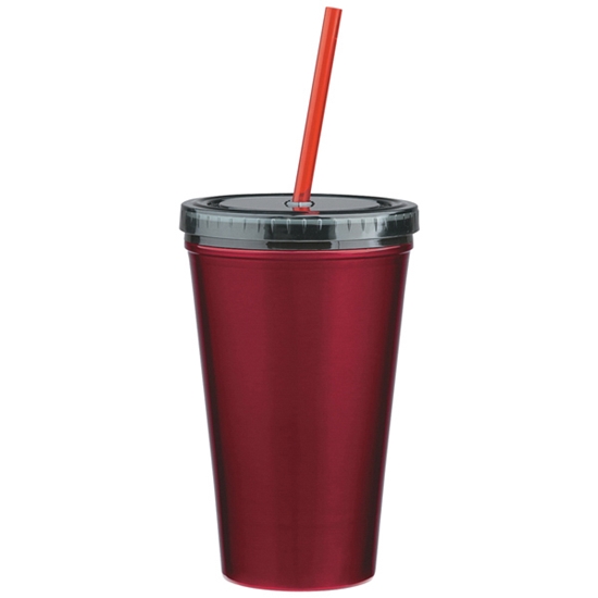 16 Oz. Stainless Steel Double Wall Tumbler With Straw - DRK048