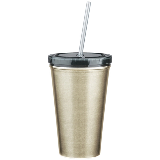 16 Oz. Stainless Steel Double Wall Tumbler With Straw - DRK048