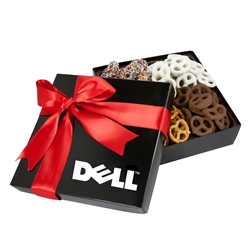 4 Delights Mini Pretzels Gift Box holiday gifts, holiday food gifts, corporate holiday gifts, gift sets, chocolate gifts, employee appreciation, employee recognition, holiday parties, chocolate covered pretzels
