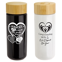 "A Nures Heart is Filled with Many Splendid Things" Milan 10 oz Ceramic Tumbler with Bamboo Lid   Nurses Appreciation, Nurses theme, Nurses Recognition, 10 oz ceramic tumbler, ceramic, mug, imprinted mug under $15, Ceramic mug, Imprinted, personalized, with name on it, Care Promotions, 