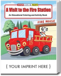 A Visit to the Fire Station Coloring & Activity Book promotional coloring book, fire safety promotional items, fire safety coloring book, fire prevention promotional products, visit to the fire station, fire station open house, fire prevention week, fire department giveaways, fire safety education promos