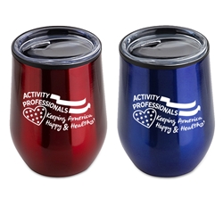 "Activity Professionals: Keeping America Happy & Healthy!" Red and Blue Assorted 12 oz Stainless Steel/Polypropylene Wine Goblet activity professionals theme wine goblet, Activity Professionals Week theme wine tumbler, Imprinted
