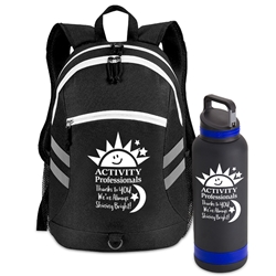 "Activity Professionals: Thanks to You Were Always Shining Bright!" Bottle & Backpack Bundle Activity Professionals theme, bottle and backpack, set, blackpack, bottle, promotional water bottle, promotional vacuum bottle, custom logo water bottle, promotional drinkware, custom vacuum insulated drinkware, employee wellness gifts, fitness promotional items