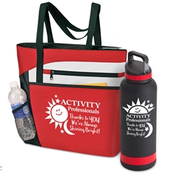 "Activity Professionals: Thanks to You Were Always Shining Bright!" Bottle & Tote Bundle Activity Professionals theme, bottle and Tote Bag, Bottle and Tote, set, Tote, Bag, bottle, promotional water bottle, promotional vacuum bottle, custom logo water bottle, promotional drinkware, custom vacuum insulated drinkware, employee wellness gifts, fitness promotional items