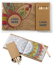 Adult Coloring Book & 6-Color Pencil Set To-Go mini adult coloring book, adult coloring book and pencil set, imprinted adult coloring book, adult coloring book with logo, adult coloring book giveaway, promotional products, employee appreciation, employee recognition, smiley face