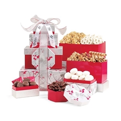 Celebrate the Season Gourmet Sweets & Treats Tower corporate holiday gifts, employee appreciation gifts, business gifts, custom logo gifts, holiday food gift sets, holiday food tower, holiday party gifts, custom food gift sets