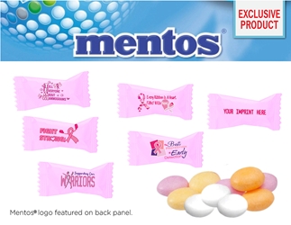 Breast Cancer Awareness Designed Individually Wrapped Mentos (Assorted Fruit or Mint)  Mentos, Mints, Fruit Assortment, Custom Mentos, Imprinted, Personalized, Promotional, with name on it