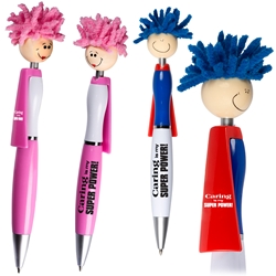 Caring is My Super Power!" MopTopper™ Superhero Pen   Superheroes, of, Healthcare, Superhero Pen, Pen with Cape, Hero Pen, Mop, Topper, Hair, Top, Smile, Pen, Stylus, Screen Cleaner, Pendant Pen, Pendant, Pen, Pens, Ballpoint, Aluminum, Imprinted, Personalized, Promotional, with name on it, giveaway, black ink