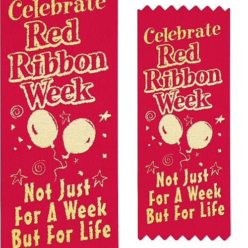 Celebrate Red Ribbon Week Not Just For A Week But For Life Satin Gold Foil-Stamped Self-Stick Ribbons (Pack of 100) red ribbon week, satin ribbon, self stick ribbon, foil stamped ribbon, red ribbon week giveaways, promotional red ribbons, school handouts, drug prevention promotional products