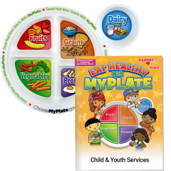 Childs Portion Meal Plate With Educational Activities Book MyPlate, nutrition month giveaways, employee wellness giveaways, health & wellness giveaways, healthy eating promotional products, national nutrition month, health fair giveaways, healthy eating promotions
