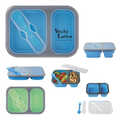 Collapsible 2-Section Food Container With Dual Utensil Collapsible 2-Section Food Container With Dual Utensil, Collapsible, 2-Section, Food Container, Plastic, Imprinted, Personalized, Promotional, with name on it, giveaway,