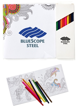 Deluxe Adult Coloring Book & 8-Color Pencil Set To-Go mini adult coloring book, adult coloring book and pencil set, imprinted adult coloring book, adult coloring book with logo, adult coloring book giveaway, promotional products, employee appreciation, employee recognition, smiley face, employee wellness, stress relief