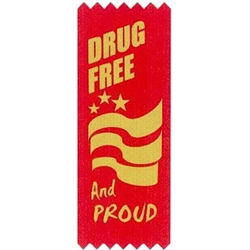 "Drug Free and Proud!" Self-Adhesive Satin Ribbon Pack (Pack of 100)  Satin Red Ribbons, Gold Stamped Ribbons, Self-Adhesive, Ribbons, red ribbon week, red ribbon week party supplies, red ribbon week decorations, drug prevention, party goods, decorations, banners