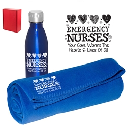"Emergency Nurses: Your Care Warms The Hearts & Lives of All! EVENING-IN WINTER GIFT SET   Emergency Nurses, ER, Nurses, Bottle and Blanket set, Theme, Blanket Gift Set, Employee Holiday Gift Idea,  personalized, with logo, imprinted