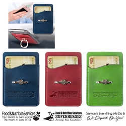 "Food & Nutrition Services: Superheroes Serving You Goodness" Tuscany Card Holder with Metal Ring Phone Stand  Food Service, Dietary, Services, Team, Week, Theme, Appreciation, business gifts, corporate holiday gifts, custom smart phone wallet, custom printed smartphone wallet, customized phone wallet, promotional phone stand, cell phone promotional products, employee appreciation gifts, recognition gifts, custom logo thank you gifts