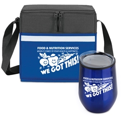 "Food & Nutrition Services. When It Comes To Health & Happiness...We Got This!" Goblet & Cooler Care Bundle  Food Service Theme, Food & Nutrition Services, Lunch Bag Combo, Appreciation Gift Combo, Cooler and Bottle Combo, Care Bundle, Break Pack, Housekeeping Gift Set, Theme, promotional products, scooler set, Lunch bag, Imprinted