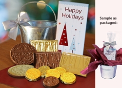 Happy Holidays Gift Pail Holiday Gifts, employee appreciation, employee recognition, business gifts, thank you gifts, food gifts, chocolate
