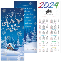 Happy Holidays "Were Here All Year for You" Silver Foil-Stamped 2024 Holiday Greeting Card Calendar Mailable Calendar, Direct Mail Calendar, Customer Calendar Stick Up, Wall Calendar, Planner, The Positive Line, Business Calendar, Office Calendar, Business Gifts, Corporate Gifts, Sales and Marketing, Sales Meetings, Giveaways, Promotional Calendars, greeting card calendar, holiday greeting card, custom printed greeting card calendar