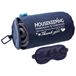 "Housekeeping: Through & Through We Can Always Depend on You" AeroLOFT™ Travel Blanket with Sleep Mask   Housekeeping theme Promo Blanket, Housekeeping Appreciation, EVS, Environmental Services, Recogition, Promotional Blanket, Teacher appreciation Travel Blanket, School Staff appreciation, Travel Blanket and Sleep Mask Set, Travel Promotional Idea, Travel Promotional Products, Blanket with Imprint, travel promotional items