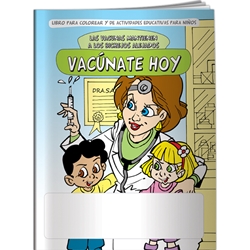 Immunize Today: Vaccines Keep the Creepy Crawlies Away Coloring Book (Spanish) Immunize Today: Vaccines Keep the Creepy Crawlies Away Coloring Book, Spanish, Imprinted, Personalized, Promotional, with name on it, Giveaway, BetterLifeLine, BetterLife, Education, Educational, information, Informational, Wellness, Guide, Brochure, Paper, Low-cost, Low-Price, Cheap, Instruction, Instructional, Booklet, Small, Reference, Interactive, Learn, Learning, Read, Reading, Health, Well-Being, Living, Awareness, ColoringBook, ActivityBook, Activity, Crayon, Maze, Word, Search, Scramble, Entertain, Educate, Activities, Schools, Lessons, Kid, Child, Children, Story, Storyline, Stories, Cold, Flu, Virus, Germ, Bacteria, Influenza, Sickness, Sick, Tissues, Expecting, Mom, Mother, Baby, Birth, Child, Pregnancy, Pregnant, Trimester, Abor