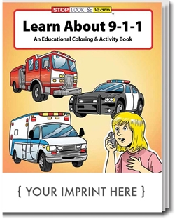 Learn About 911 Coloring & Activity Book promotional coloring book, public safety promotional items, 911 safety coloring book, fire prevention promotional products, visit to the fire station, fire station open house, fire prevention week, fire department giveaways, fire safety education promos