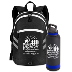 "Medical Laboratory Professionals: We Appreciate You and The Awesome Things You Do!" Bottle & Backpack Bundle  Medical Laboratory Week, Med Lab, Lab Rats theme, bottle and backpack, set, blackpack, bottle, promotional water bottle, promotional vacuum bottle, custom logo water bottle, promotional drinkware, custom vacuum insulated drinkware, employee wellness gifts, fitness promotional items