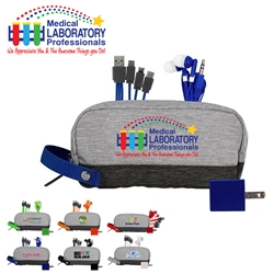 "Medical Laboratory Professionals: We Appreciate You and The Awesome Things You Do!" Two Tone Wall Charging Travel Set   Imprinted Lab Week theme technology gift set, Laboratory professionals theme, custom tec travel set, Imprinted, Charger, Cords, imprinted ear bud and charger set, Personalized, customized