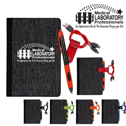 "Medical Laboratory Professionals: We Appreciate You and The Awesome Things You Do!" X Line Pen & Cable Snap Notebook   Medial Laboratory Week, Professionals, Lab, Rat, Appreciation, Recognition, imprinted, journal tech set, journal gift set, Imprinted tec gift set, custom tec travel set, Imprinted, Charger, Cords, imprinted ear bud and charger set, Personalized, customized