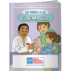 My Visit to the Pharmacy Coloring Book (Spanish) My Visit to the Pharmacy Coloring Book, in Spanish, BetterLifeLine, BetterLife, Education, Educational, information, Informational, Wellness, Guide, Brochure, Paper, Low-cost, Low-Price, Cheap, Instruction, Instructional, Booklet, Small, Reference, Interactive, Learn, Learning, Read, Reading, Health, Well-Being, Living, Awareness, ColoringBook, ActivityBook, Activity, Crayon, Maze, Word, Search, Scramble, Entertain, Educate, Activities, Schools, Lessons, Kid, Child, Children, Story, Storyline, Stories, Doctor, Sick, Medicine, Medication, Elementary, Imprinted, Personalized, Promotional, with name on it, Giveaway,
