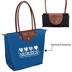 "Nurses: Your Care Warms The Hearts & Lives Of All" Folding Tote with Leather Flap Closure  Nurse week gifts, Nurses totes, nursing tote, theme, promotional tote bag, employee appreciation gifts, business gifts, custom logo tote, corporate holiday gift