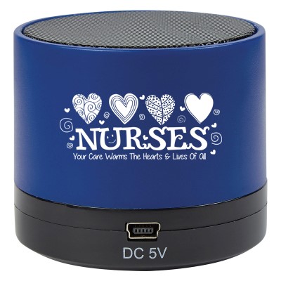 "Nurses: Your Care Warms The Hearts & Lives Of All" Wireless Mini Cylinder Speaker  Nurses theme Speaker, Blue Tooth Speaker Nursing, Team, Gifts, Theme, Wireless, mini, speaker, Bluetooth, 4.1, tech gifts, technology, ideas, Imprinted, Personalized, Promotional, with name on it, giveaway,