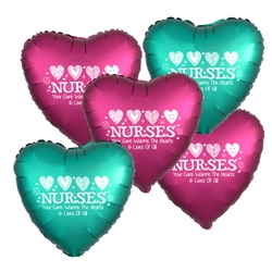 "Nurses: Your Care Warms The Hearts & Lives of All! Heart Shaped Foil Balloons (Pack of 10 assorted colors) Nurses Week Theme, Nurses, Nursing, foil balloons, mylar, party goods, decorations, celebrations, round shaped balloons, promotional balloons, custom balloons, imprinted balloons