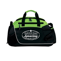 "Our EVS Team Make Our Environment Amazing!" Techno Sportive Duffle Bag  EVS Theme, Housekeeping theme, Duffle,  Duffle bag with logo, All Purpose, Elite, Zip, Polyester, Promotional Events, Trade Show Bags, Health Fair, Imprinted, Tote, Reusable, Recognition, Travel , imprinted