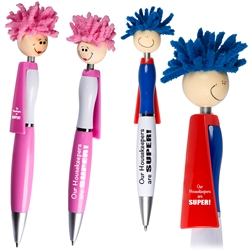"Our Housekeepers Are SUPER!" MopTopper™ Superhero Pen Superhero Pen, Pen with Cape, Hero Pen, Mop, Topper, Hair, Top, Smile, Pen, Stylus, Screen Cleaner, Pendant Pen, Pendant, Pen, Pens, Ballpoint, Aluminum, Imprinted, Personalized, Promotional, with name on it, giveaway, black ink
