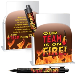 Our TEAM is on FIRE! Desk Caddy with Matching Grip Write Pen & Paper  Desk Caddy, Pen, Full Color, 4 Color Process, Imprinted, Personalized, Promotional, with name on it