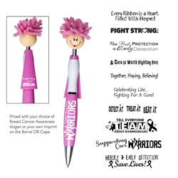 Breast Cancer Awareness Pink Lady Superhero MopTopper™ Pens   Breast Cancer Awareness, Superhero Pen, Pen with Cape, Hero Pen, Mop, Topper, Hair, Top, Smile, Pen, Stylus, Screen Cleaner, Pendant Pen, Pendant, Pen, Pens, Ballpoint, Aluminum, Imprinted, Personalized, Promotional, with name on it, giveaway, black ink
