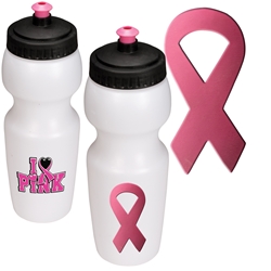 Pink Ribbon Breast Cancer Awareness Water Bottle breast cancer awareness merchandise, pink promotional items, pink ribbon gifts, pink ribbon promotional products, pink ribbon water bottle, breast cancer awareness month, walks and runs, cancer walk, cancer run, fundraisers